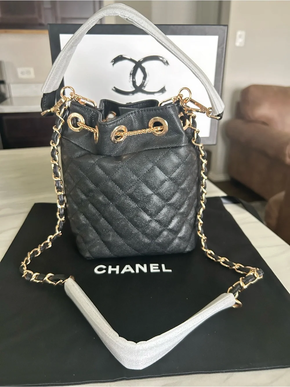 CHANEL Black Quilted Drawstring Bucket Bag with Gold Hardware VIP GWP - Picture 6 of 14
